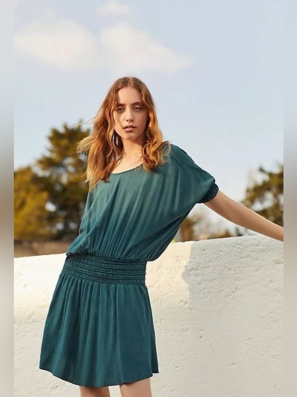 Anthropologie Floreat Azriel Teal Green Smocked Mini Dress Size 6